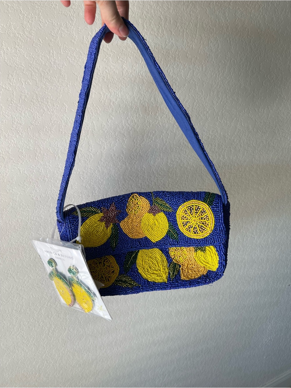 Blue Lemon-Print Beaded Bag